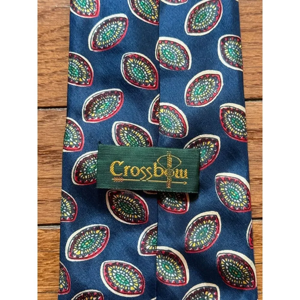 Crossbow Mens Silk Necktie Blue Red Green Gold Oval Medallion Geometric Retro